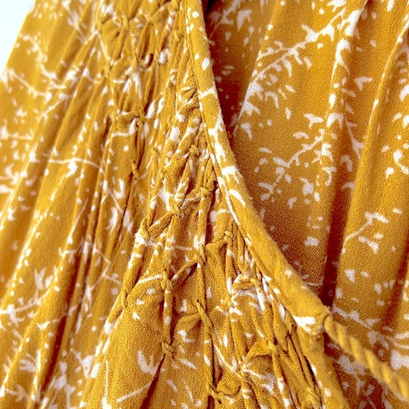 Flowy Gold yellow top with smocking, ruched neckline, tassel tie, soft top - Picture 3 of 7